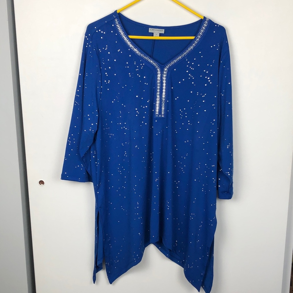 Catherine’s Metallic Dot Sharkbite Top Royal Blue Size 1X NWT